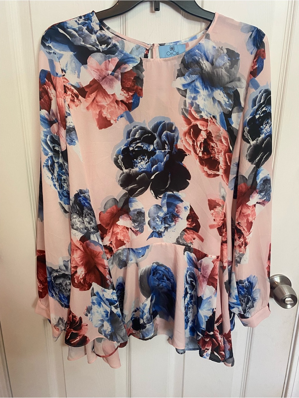CeCe Pink Floral Peplum Blouse with Blue & Red Blooms